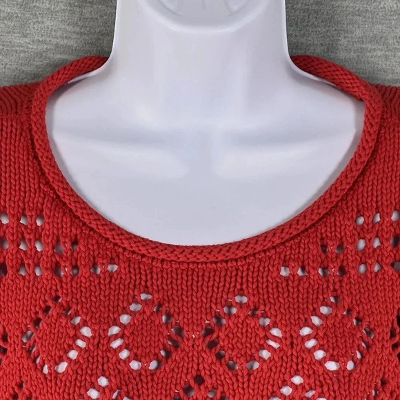 Talbots Womens Lp Red Pointelle Open Knit Sweater 3/4 Sleeve Lattice Diamond Top - Picture 4 of 14